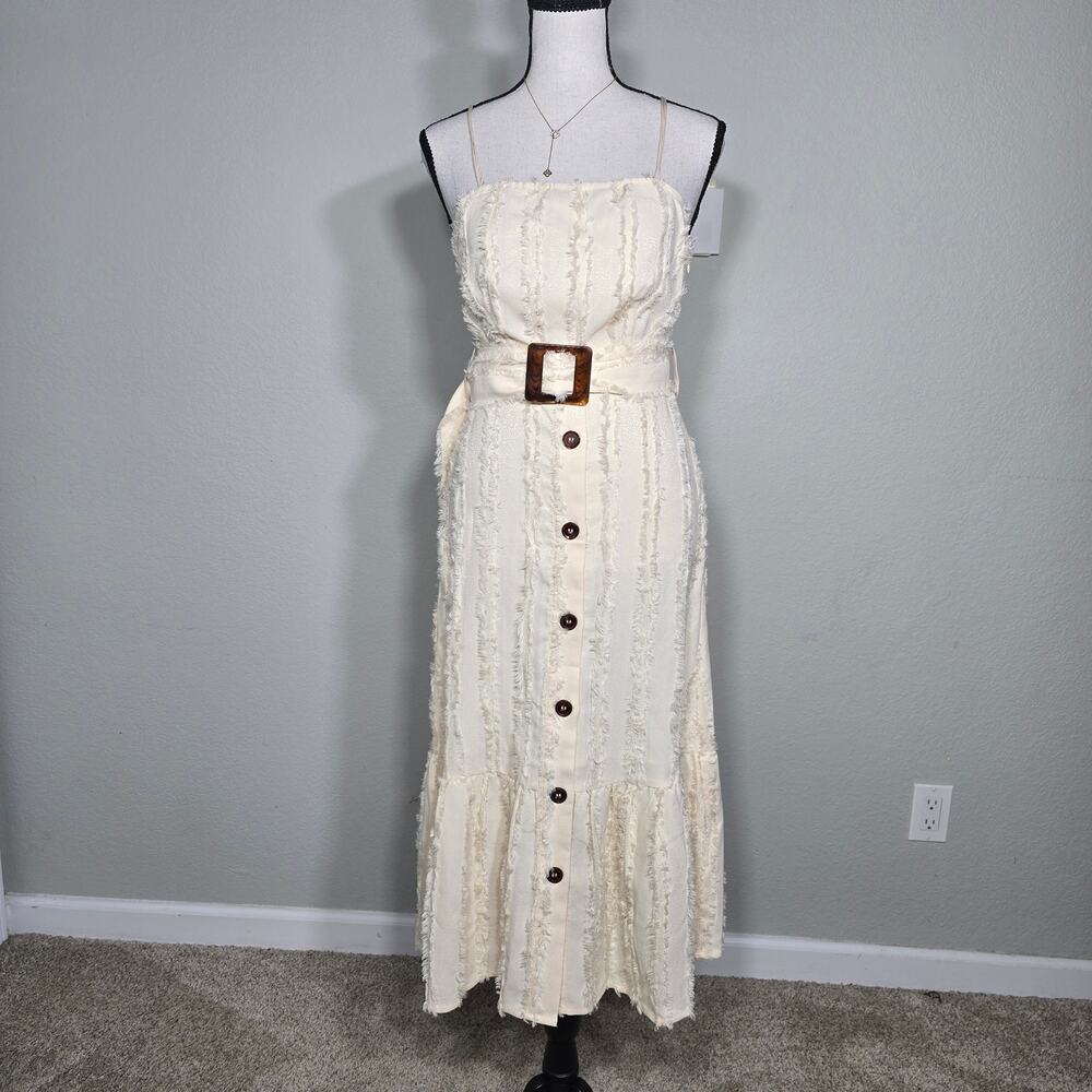 Moon River Cream Fringe Midi Dress XS Belted Button Front Coquette Bridal Resort - Picture 3 of 12